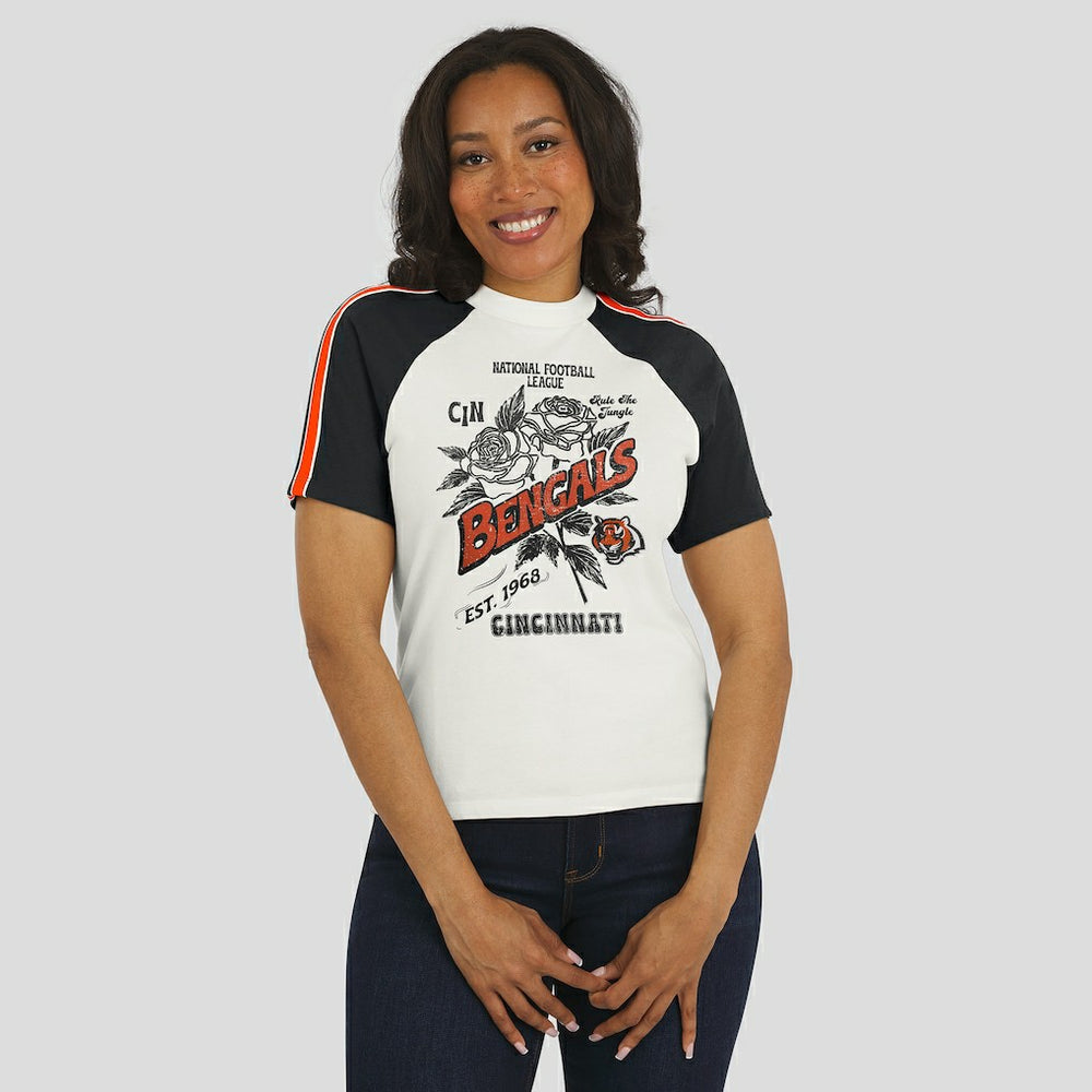 Cincinnati Bengals WEAR by Erin Andrews Women's Sleeve Stripe Distressed Raglan T-Shirt White