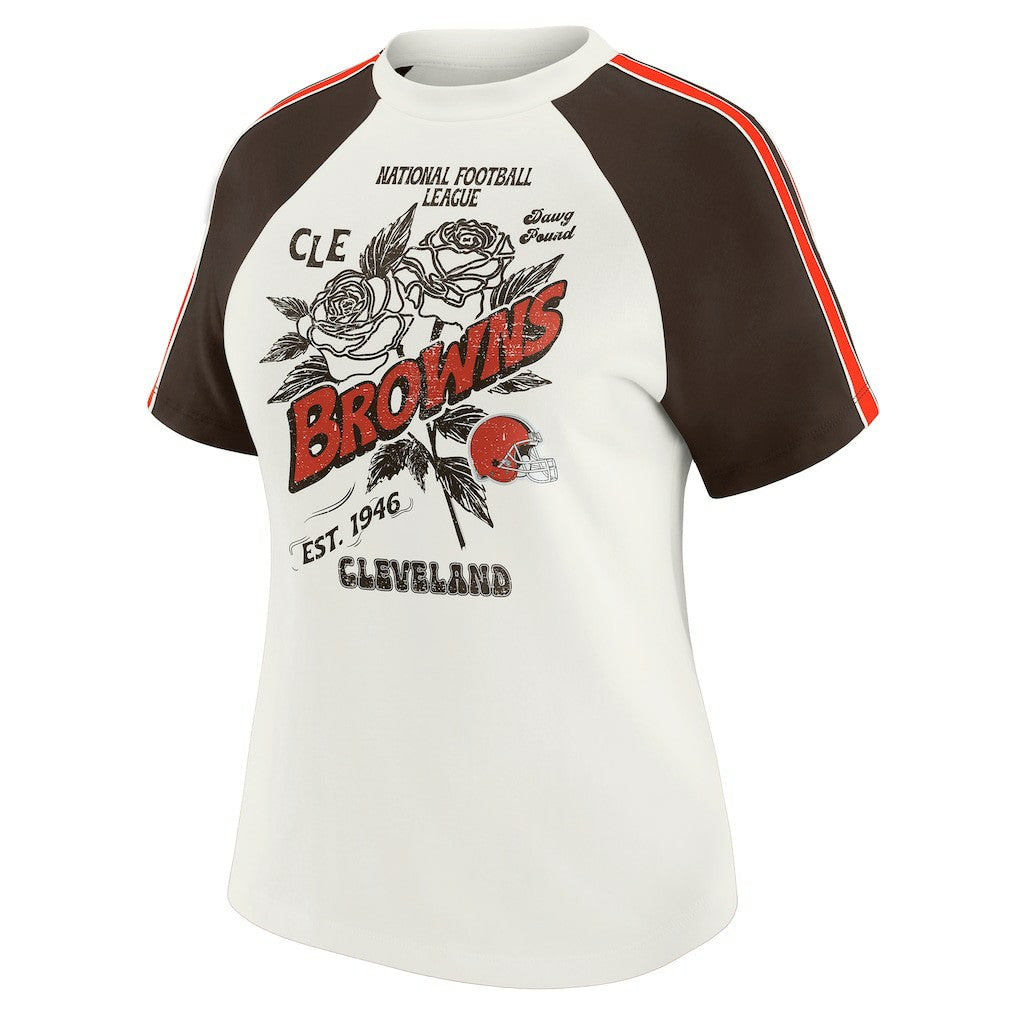 Cleveland Browns WEAR by Erin Andrews Women's Sleeve Stripe Distressed Raglan T-Shirt White