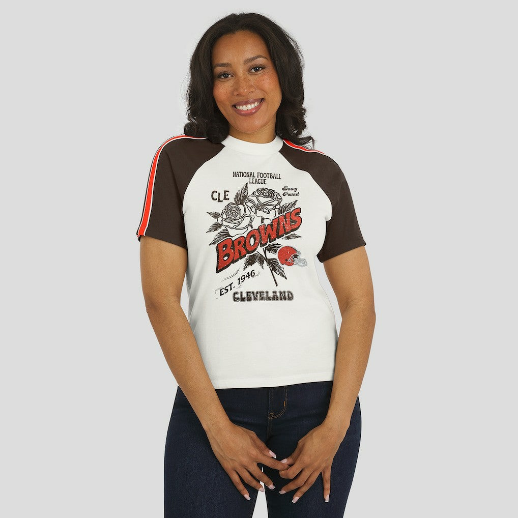 Cleveland Browns WEAR by Erin Andrews Women's Sleeve Stripe Distressed Raglan T-Shirt White