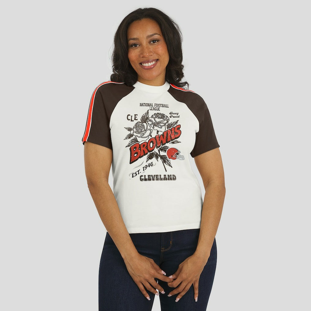 Cleveland Browns WEAR by Erin Andrews Women's Sleeve Stripe Distressed Raglan T-Shirt White