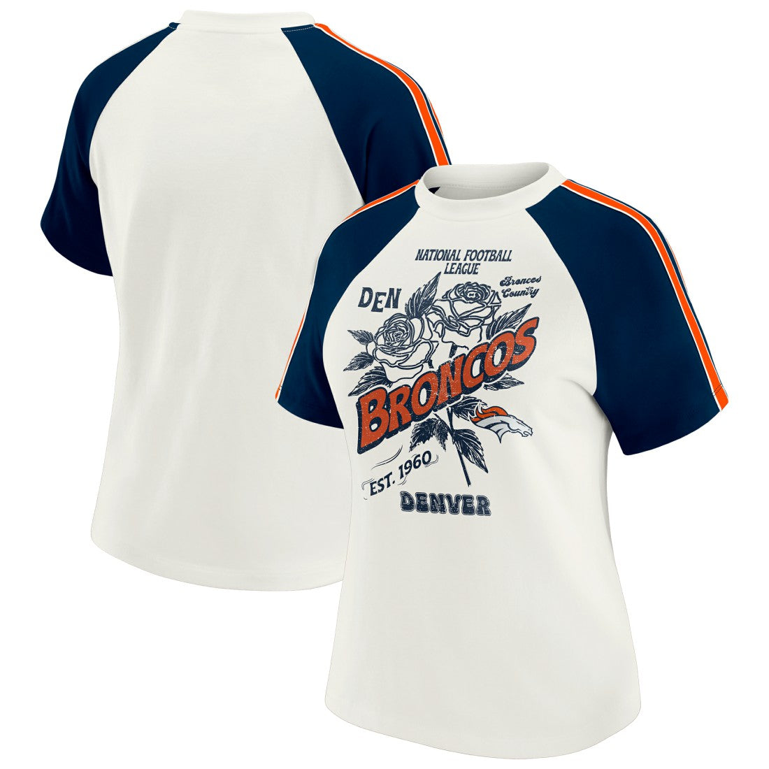 Denver Broncos WEAR by Erin Andrews Women's Sleeve Stripe Distressed Raglan T-Shirt White