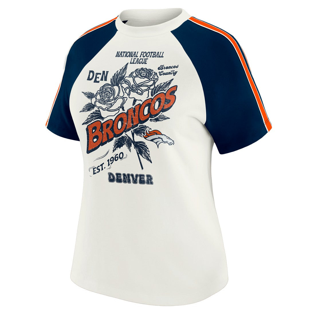 Denver Broncos WEAR by Erin Andrews Women's Sleeve Stripe Distressed Raglan T-Shirt White