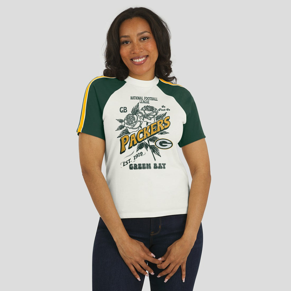 Green Bay Packers WEAR by Erin Andrews Women's Sleeve Stripe Distressed Raglan T-Shirt White