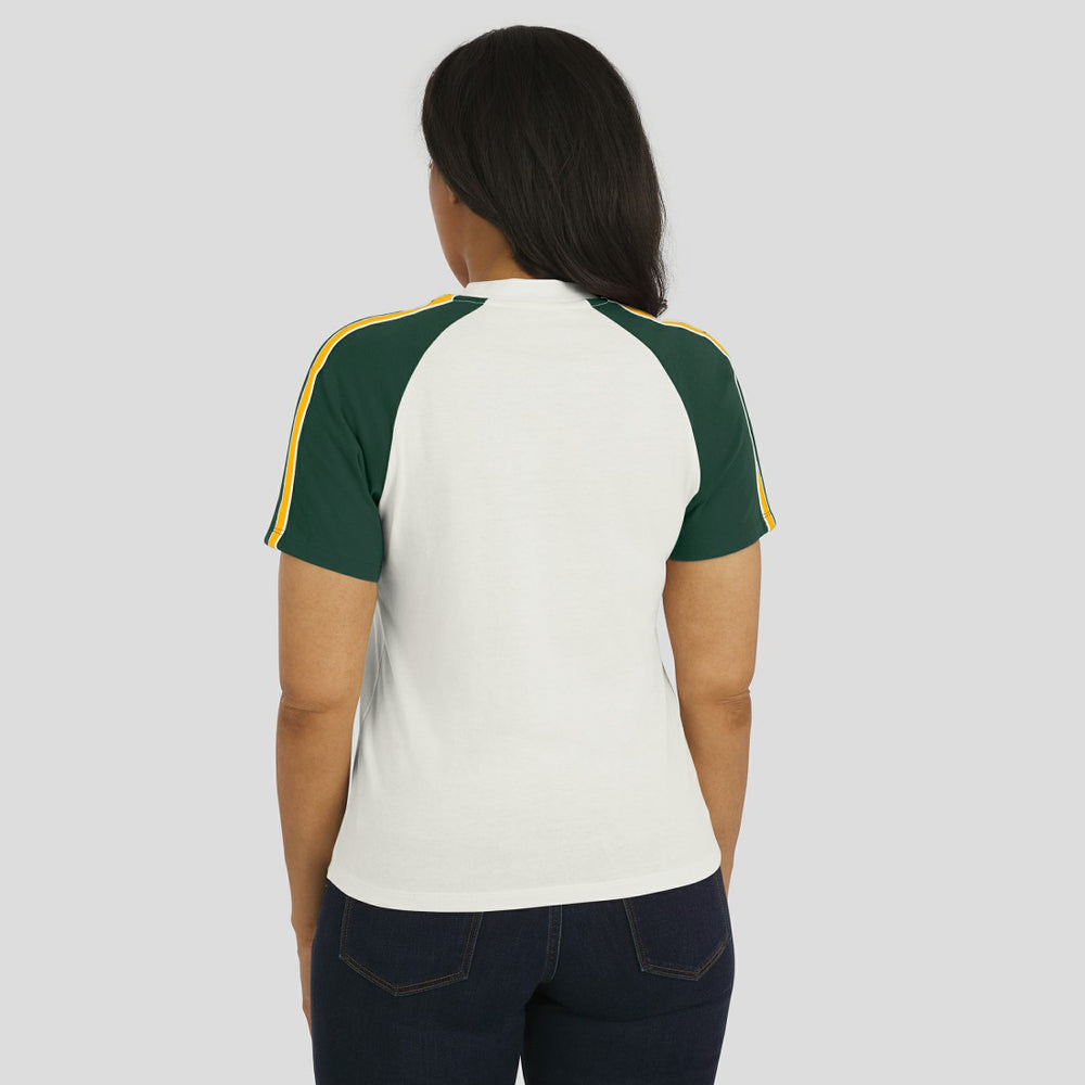 Green Bay Packers WEAR by Erin Andrews Women's Sleeve Stripe Distressed Raglan T-Shirt White