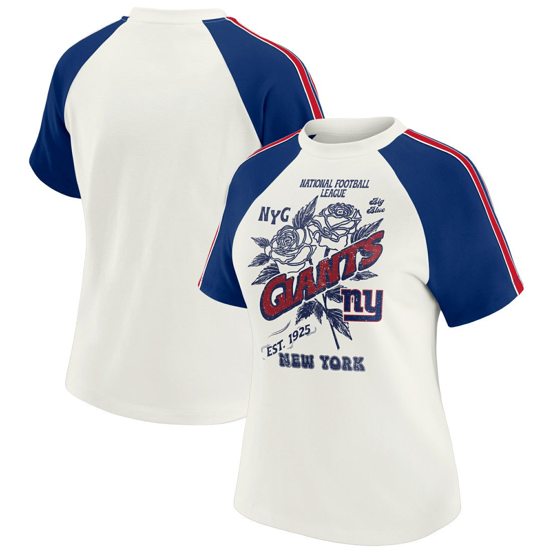 New York Giants WEAR by Erin Andrews Women's Sleeve Stripe Distressed Raglan T-Shirt White