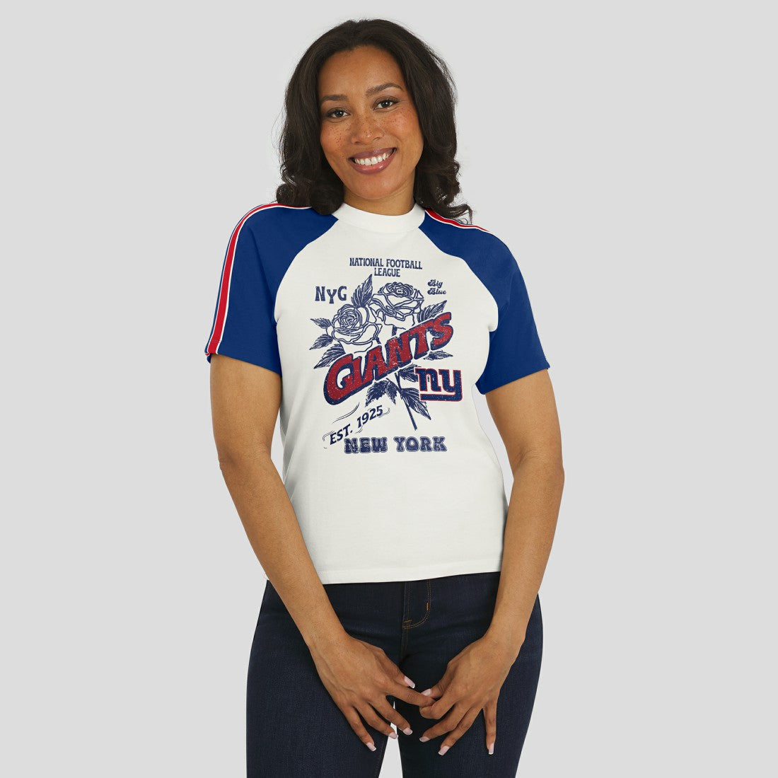 New York Giants WEAR by Erin Andrews Women's Sleeve Stripe Distressed Raglan T-Shirt White