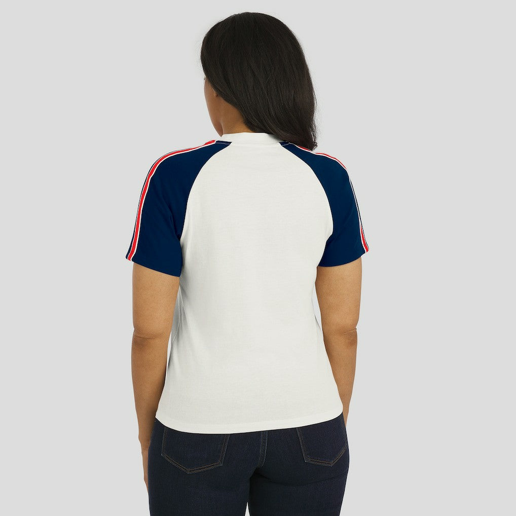 New England Patriots WEAR by Erin Andrews Women's Sleeve Stripe Distressed Raglan T-Shirt White