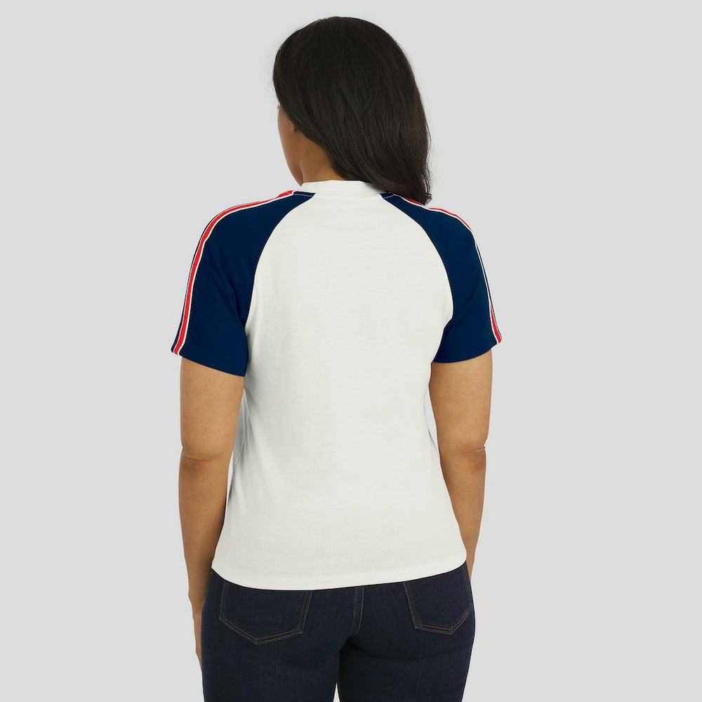 New England Patriots WEAR by Erin Andrews Women's Sleeve Stripe Distressed Raglan T-Shirt White