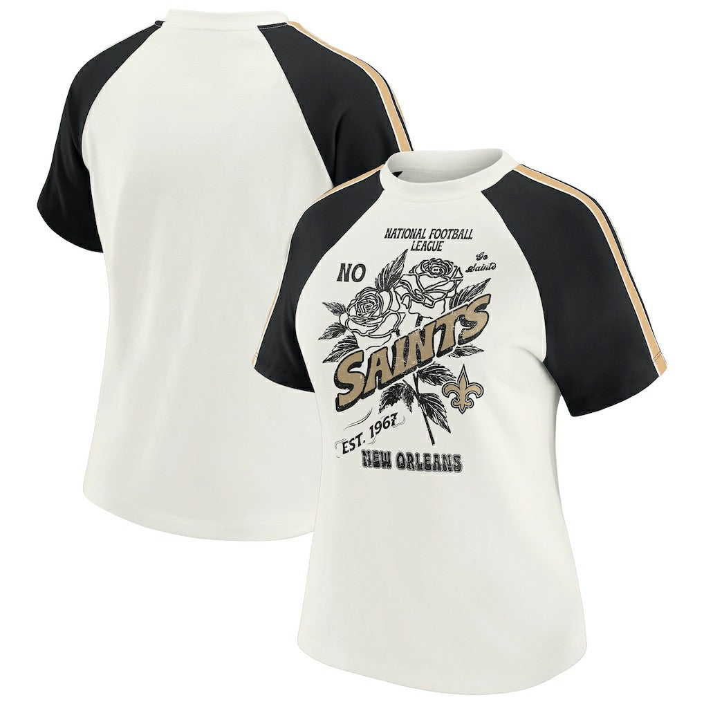 New Orleans Saints WEAR by Erin Andrews Women's Sleeve Stripe Distressed Raglan T-Shirt White