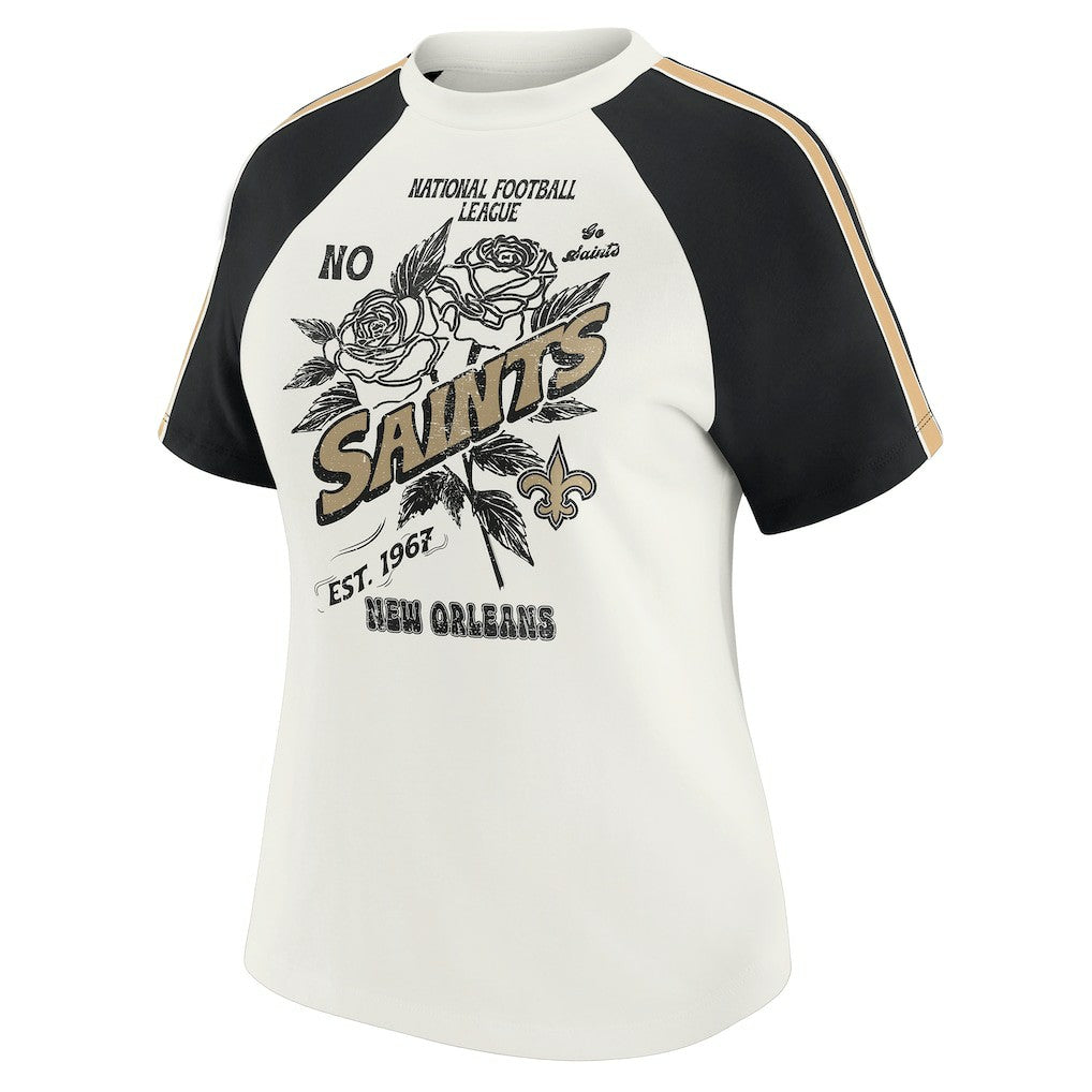 New Orleans Saints WEAR by Erin Andrews Women's Sleeve Stripe Distressed Raglan T-Shirt White