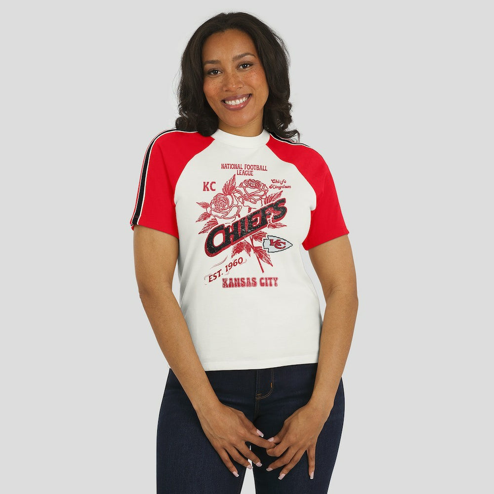 Kansas City Chiefs WEAR by Erin Andrews Women's Sleeve Stripe Distressed Raglan T-Shirt White