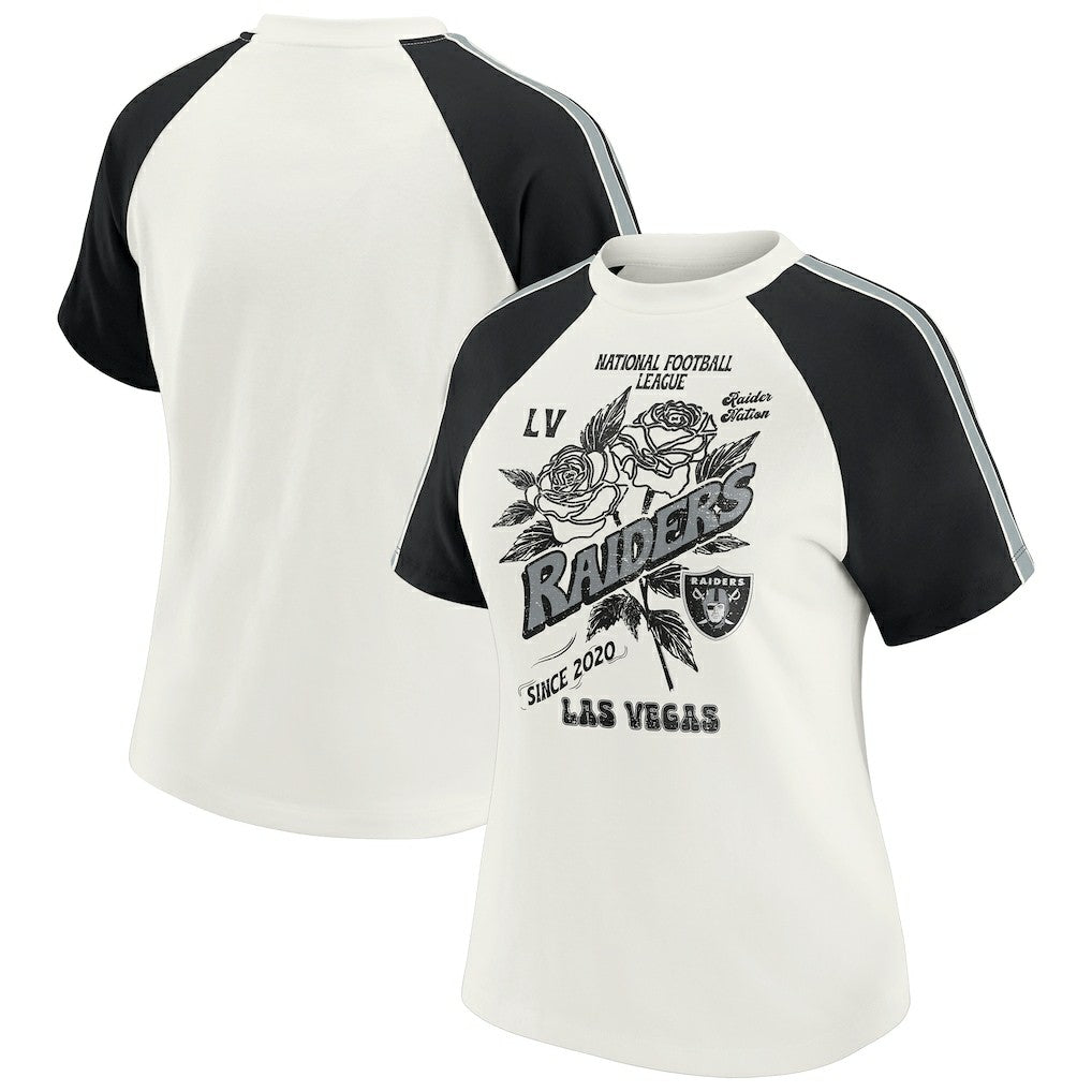 Las Vegas Raiders WEAR by Erin Andrews Women's Sleeve Stripe Distressed Raglan T-Shirt White