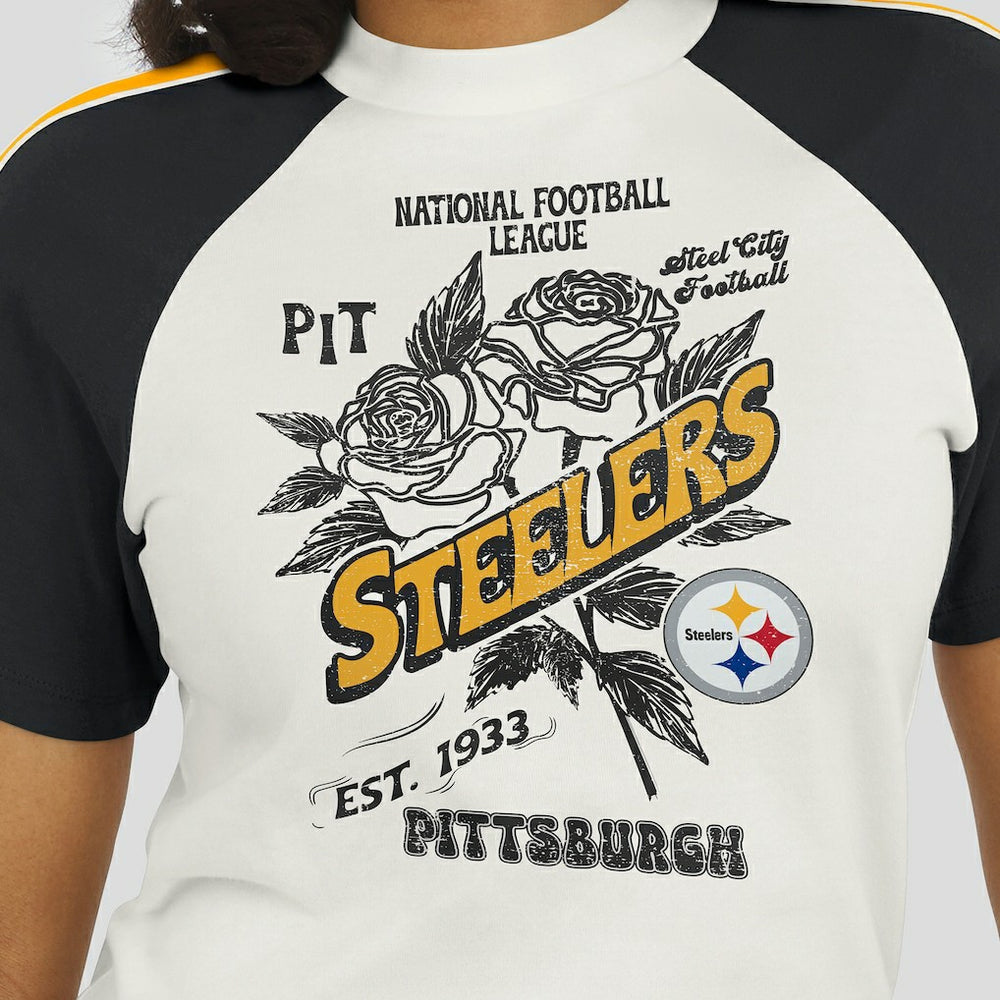 Pittsburgh Steelers WEAR by Erin Andrews Women's Sleeve Stripe Distressed Raglan T-Shirt White