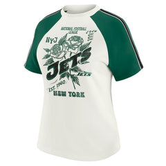 New York Jets WEAR by Erin Andrews Women's Sleeve Stripe Distressed Raglan T-Shirt White
