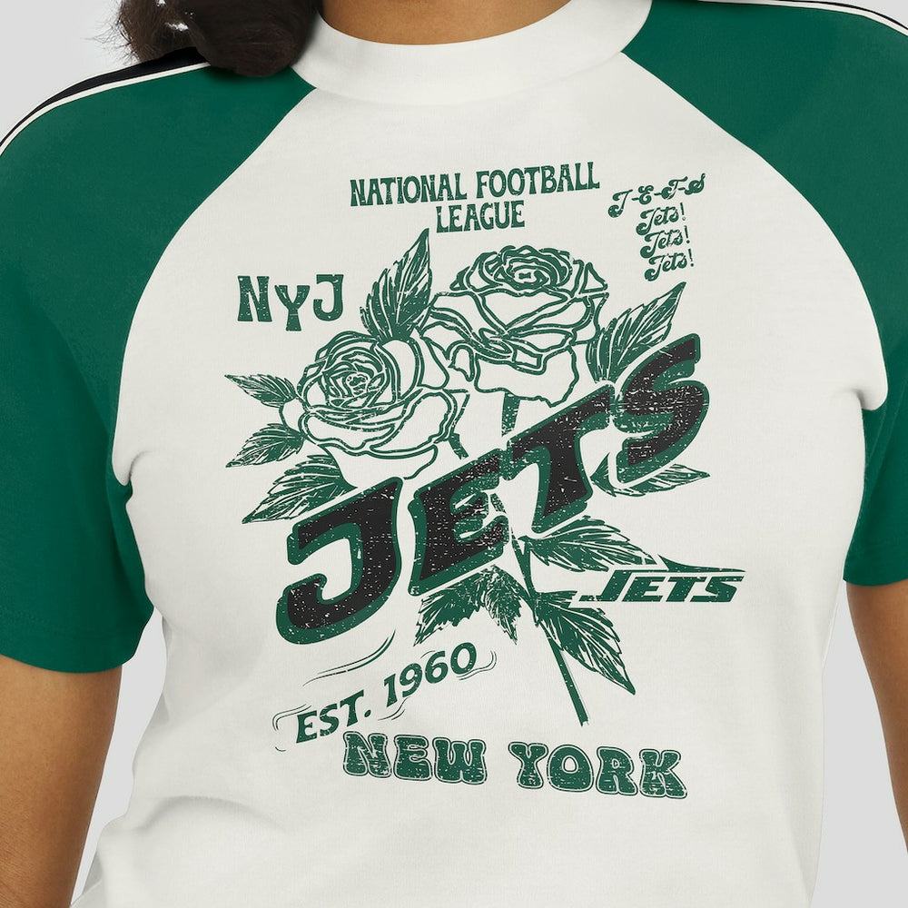 New York Jets WEAR by Erin Andrews Women's Sleeve Stripe Distressed Raglan T-Shirt White