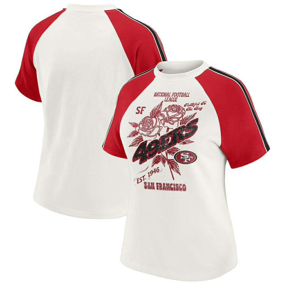 San Francisco 49ers WEAR by Erin Andrews Women's Sleeve Stripe Distressed Raglan T-Shirt White