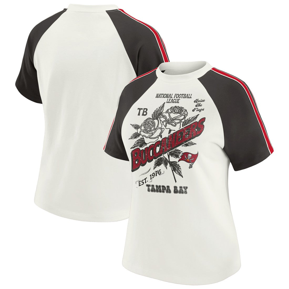 Tampa Bay Buccaneers WEAR by Erin Andrews Women's Sleeve Stripe Distressed Raglan T-Shirt White
