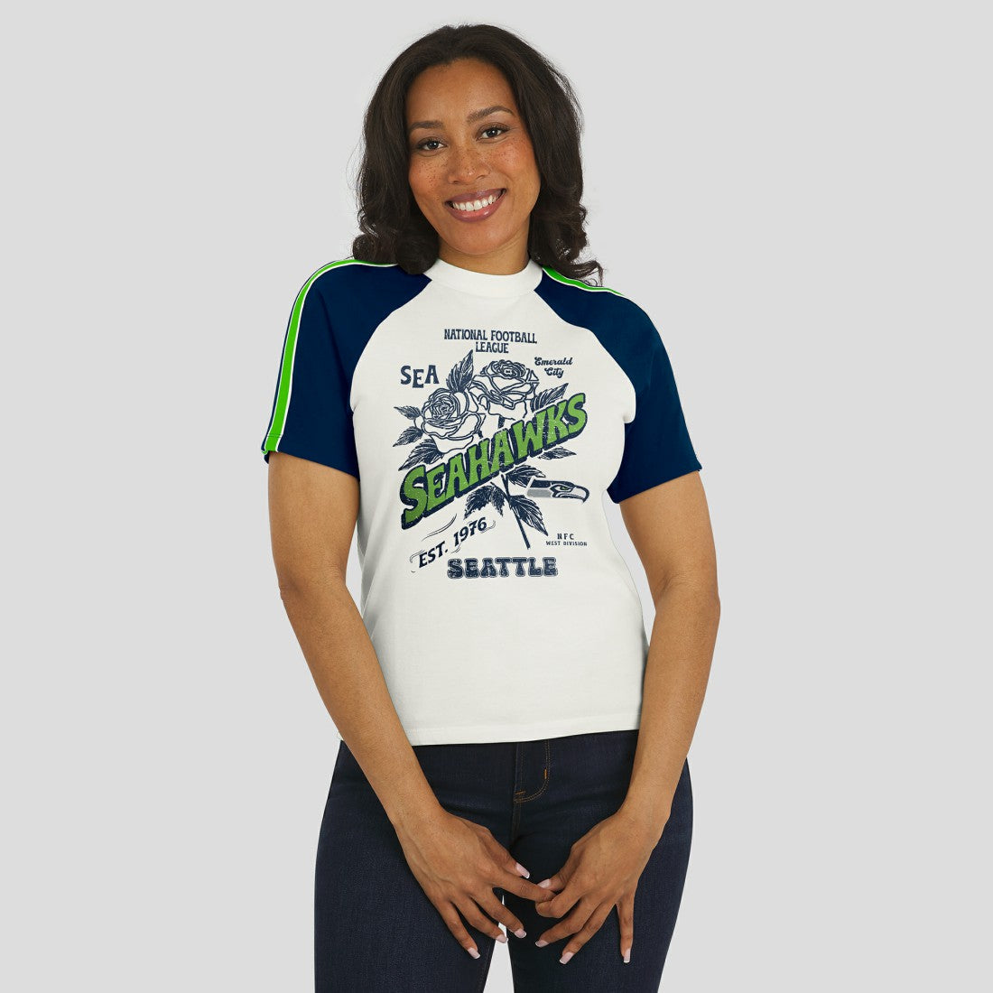 Seattle Seahawks WEAR by Erin Andrews Women's Sleeve Stripe Distressed Raglan T-Shirt White