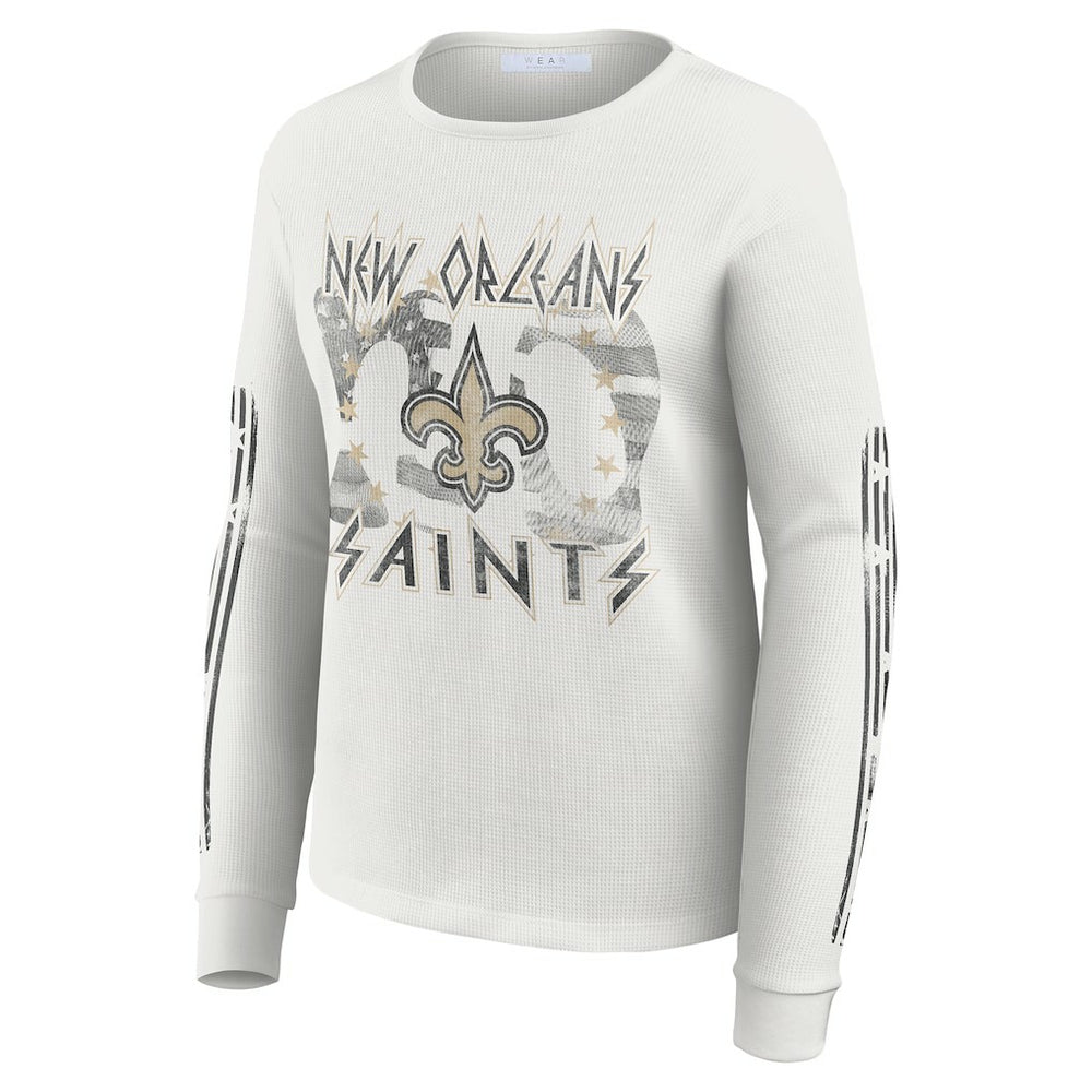 New Orleans Saints WEAR by Erin Andrews Women's Graphic Waffle Long-Sleeve T-Shirt White