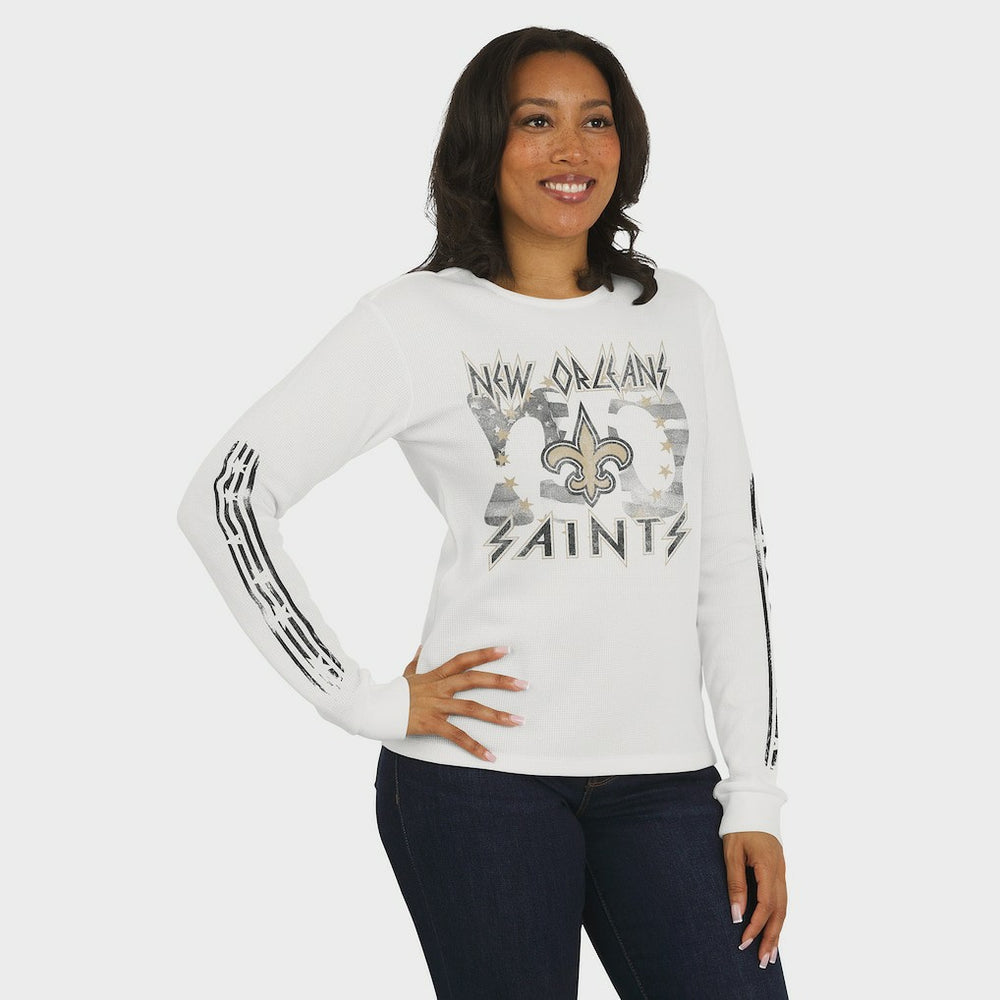 New Orleans Saints WEAR by Erin Andrews Women's Graphic Waffle Long-Sleeve T-Shirt White