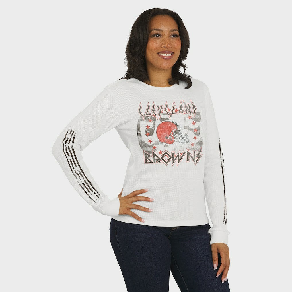 Cleveland Browns WEAR by Erin Andrews Women's Graphic Waffle Long-Sleeve T-Shirt White