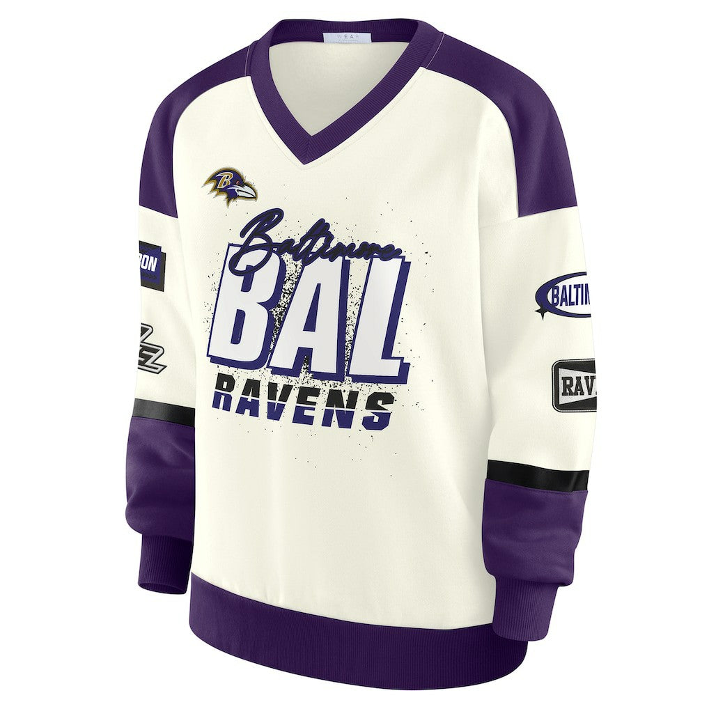 Baltimore Ravens WEAR by Erin Andrews Women's Racing Crew V-Neck Sweatshirt Cream