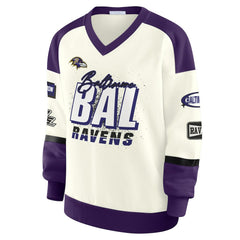 Baltimore Ravens WEAR by Erin Andrews Women's Racing Crew V-Neck Sweatshirt Cream