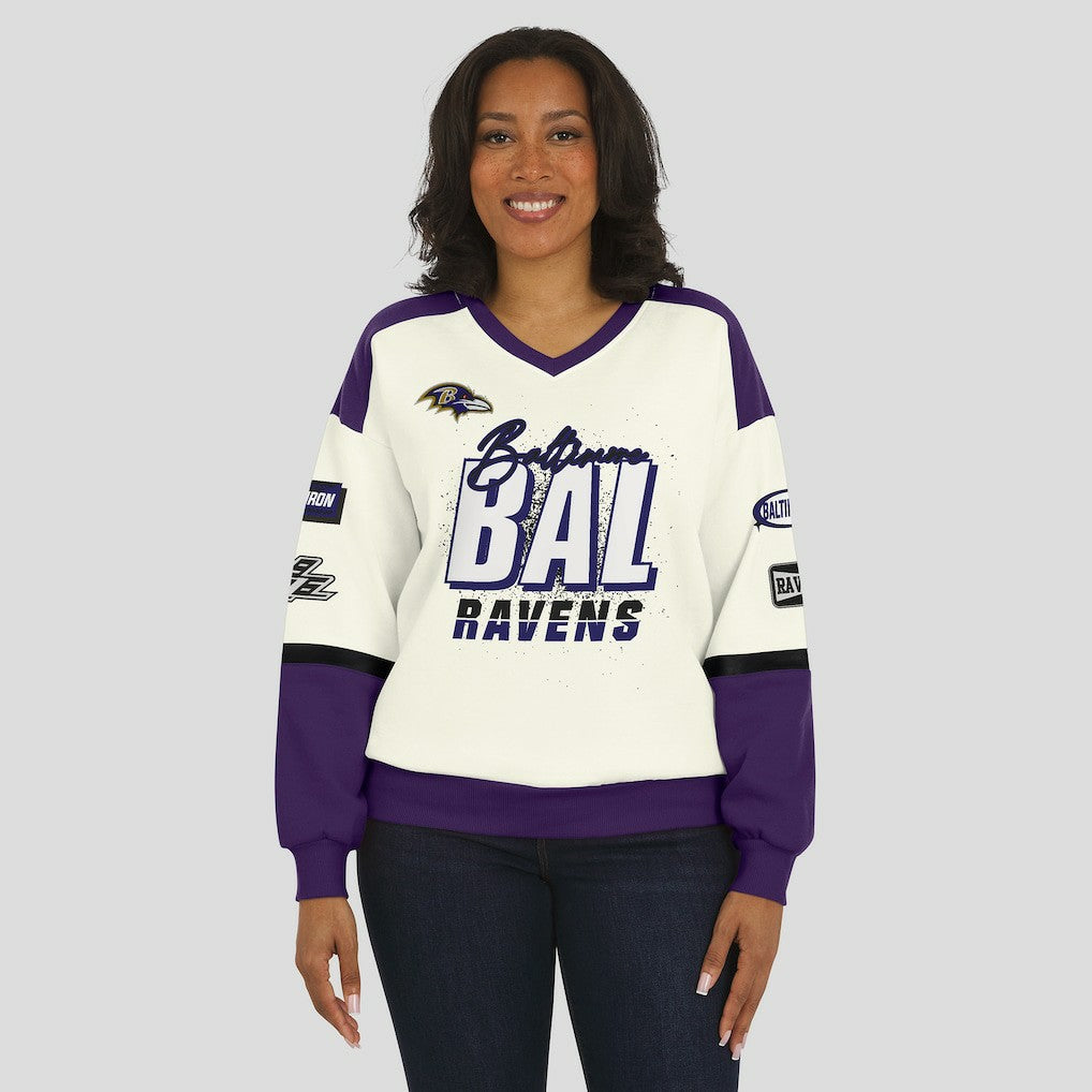 Baltimore Ravens WEAR by Erin Andrews Women's Racing Crew V-Neck Sweatshirt Cream