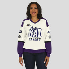 Baltimore Ravens WEAR by Erin Andrews Women's Racing Crew V-Neck Sweatshirt Cream