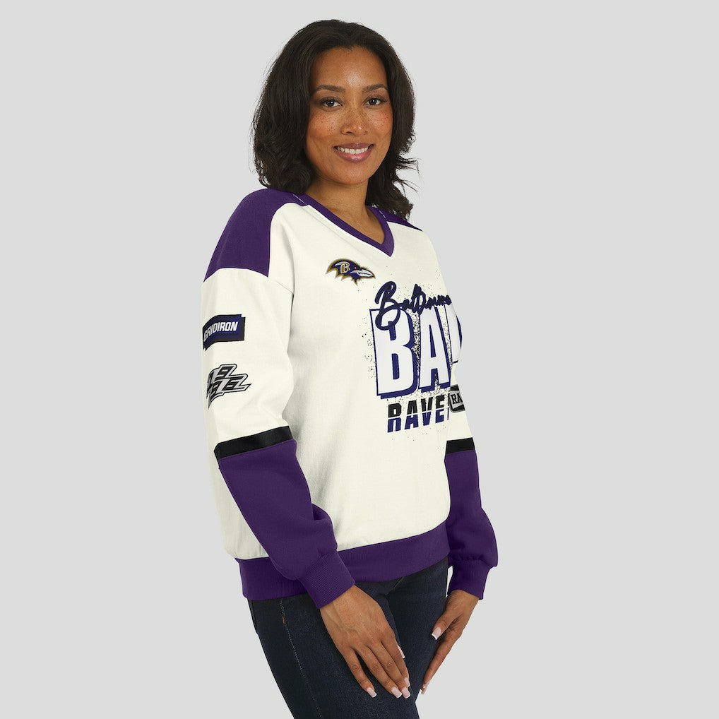 Baltimore Ravens WEAR by Erin Andrews Women's Racing Crew V-Neck Sweatshirt Cream