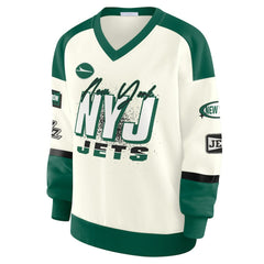 New York Jets WEAR by Erin Andrews Women's Racing Crew V-Neck Sweatshirt Cream