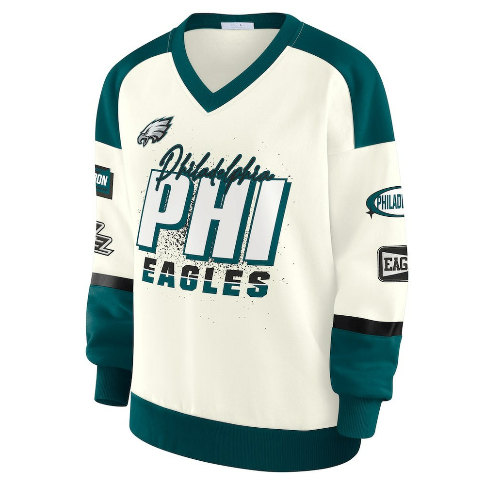 Philadelphia Eagles WEAR by Erin Andrews Women's Racing Crew V-Neck Sweatshirt Cream