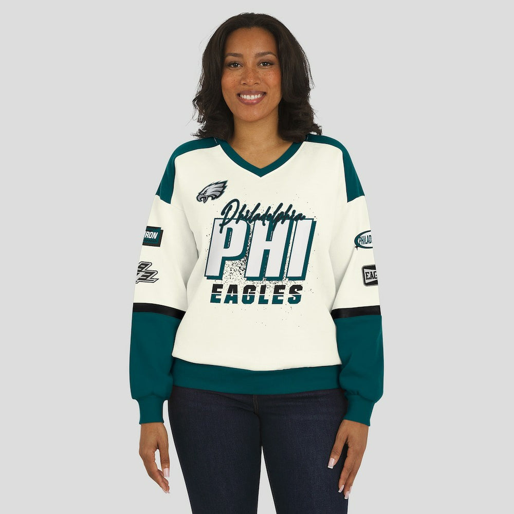 Philadelphia Eagles WEAR by Erin Andrews Women's Racing Crew V-Neck Sweatshirt Cream