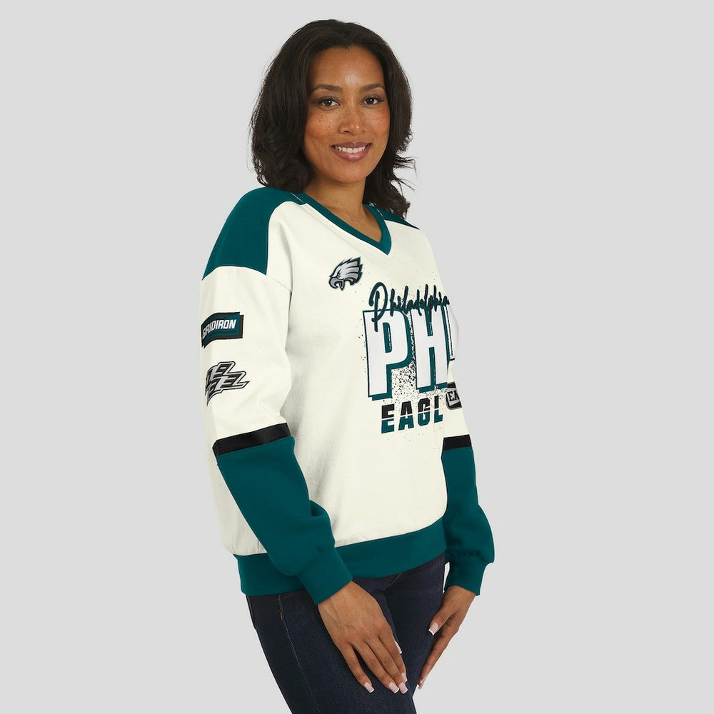 Philadelphia Eagles WEAR by Erin Andrews Women's Racing Crew V-Neck Sweatshirt Cream