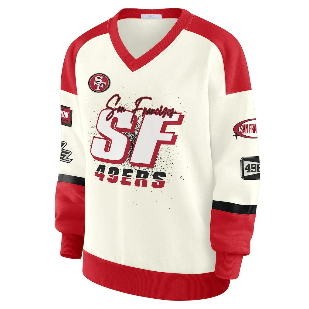 San Francisco 49ers WEAR by Erin Andrews Women's Racing Crew V-Neck Sweatshirt Cream