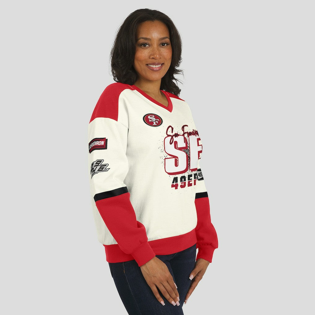 San Francisco 49ers WEAR by Erin Andrews Women's Racing Crew V-Neck Sweatshirt Cream