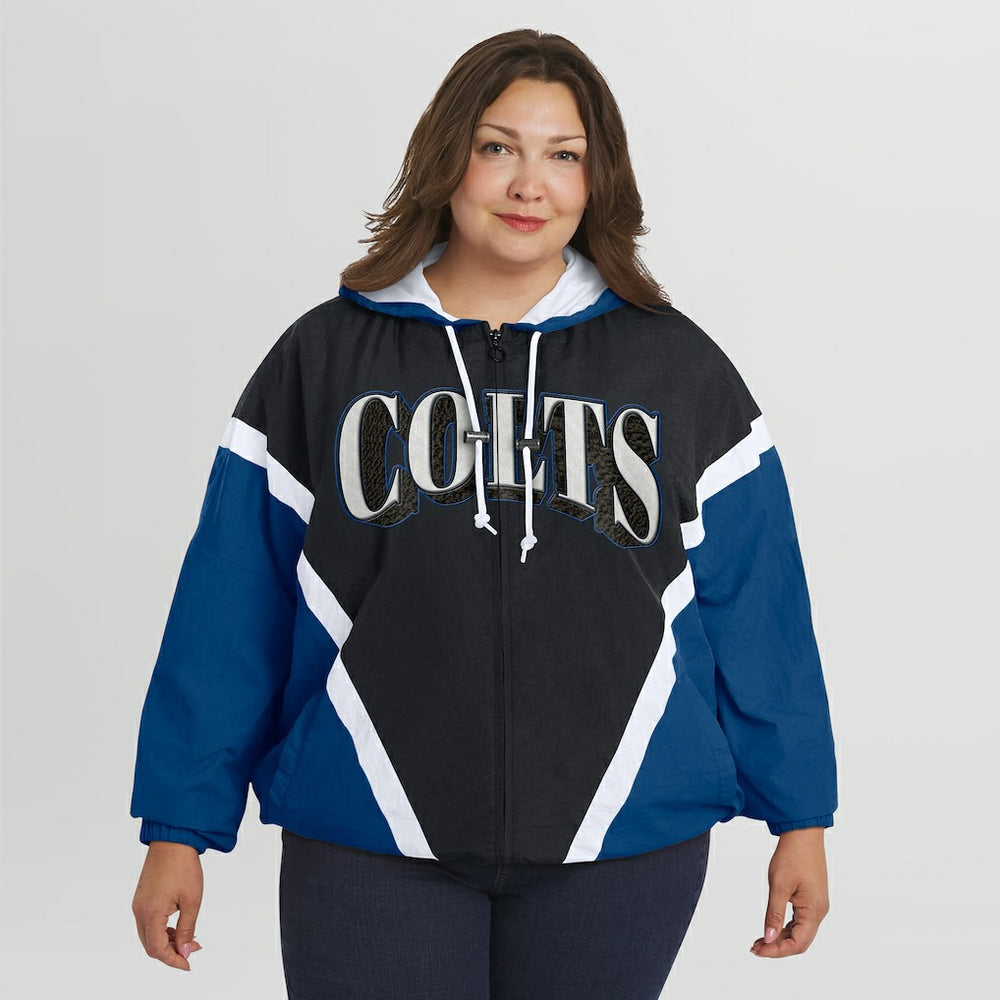 Indianapolis Colts WEAR by Erin Andrews Women's Plus Size Retro Crinkle Full-Zip Hoodie Windbreaker Jacket Black/Royal