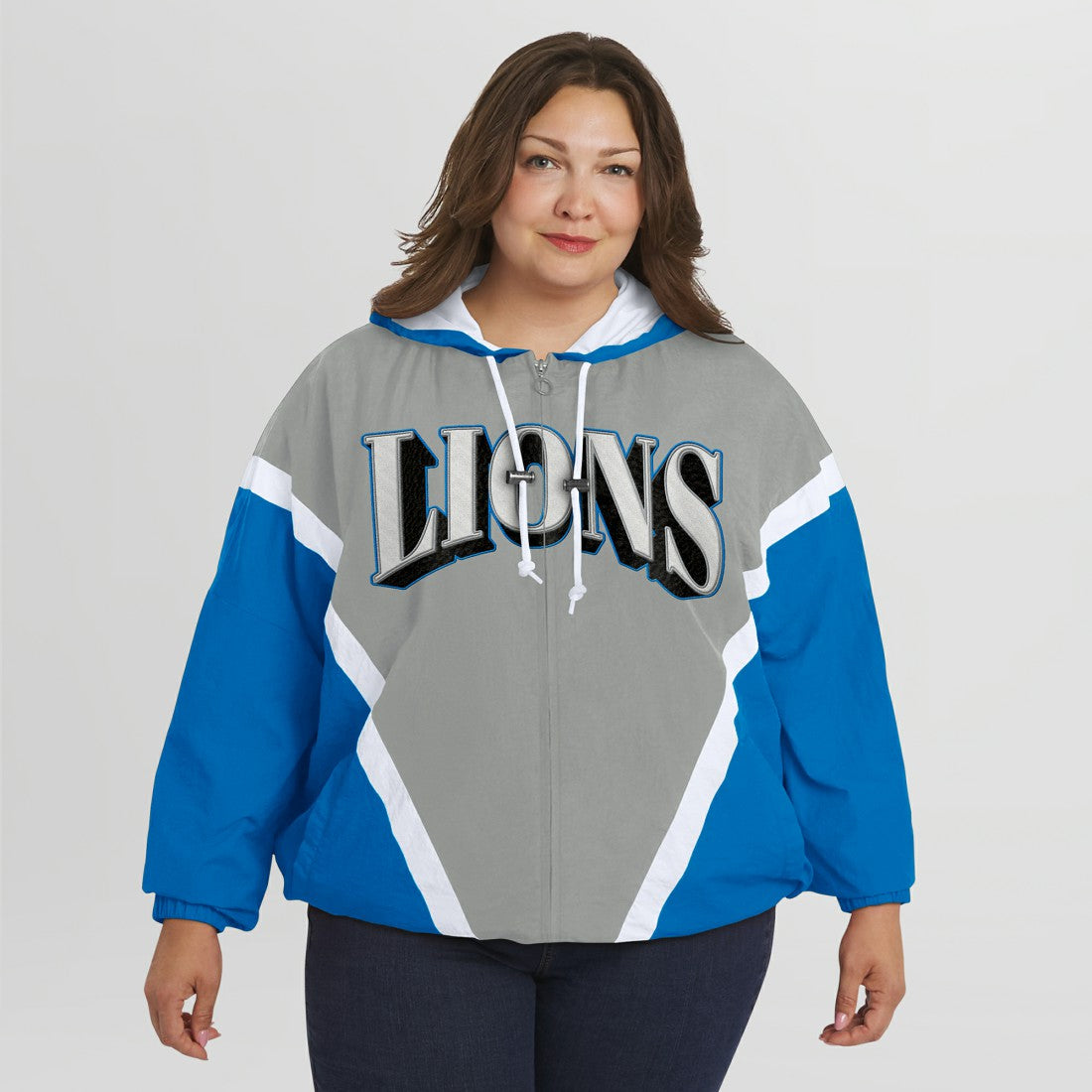 Detroit Lions WEAR by Erin Andrews Women's Plus Size Retro Crinkle Full-Zip Hoodie Windbreaker Jacket Blue/Gray