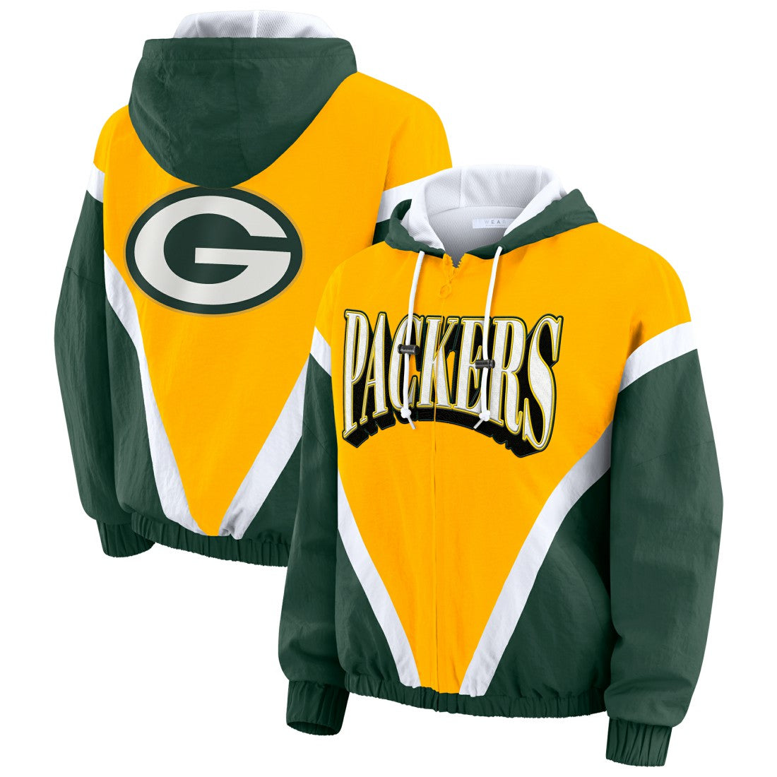 Green Bay Packers WEAR by Erin Andrews Women's Plus Size Retro Crinkle Full-Zip Hoodie Windbreaker Jacket Gold/Green