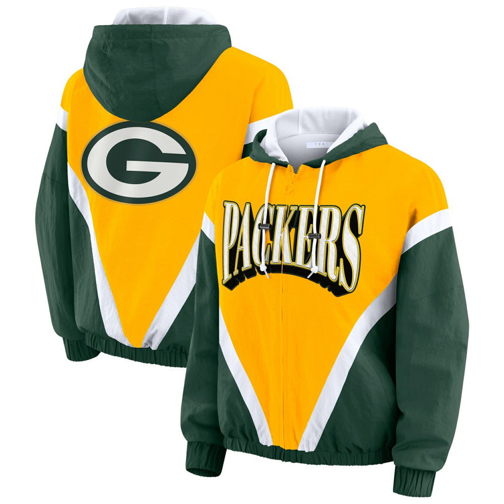 Green Bay Packers WEAR by Erin Andrews Women's Plus Size Retro Crinkle Full-Zip Hoodie Windbreaker Jacket Gold/Green