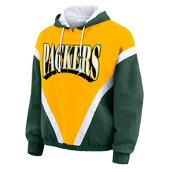 Green Bay Packers WEAR by Erin Andrews Women's Plus Size Retro Crinkle Full-Zip Hoodie Windbreaker Jacket Gold/Green
