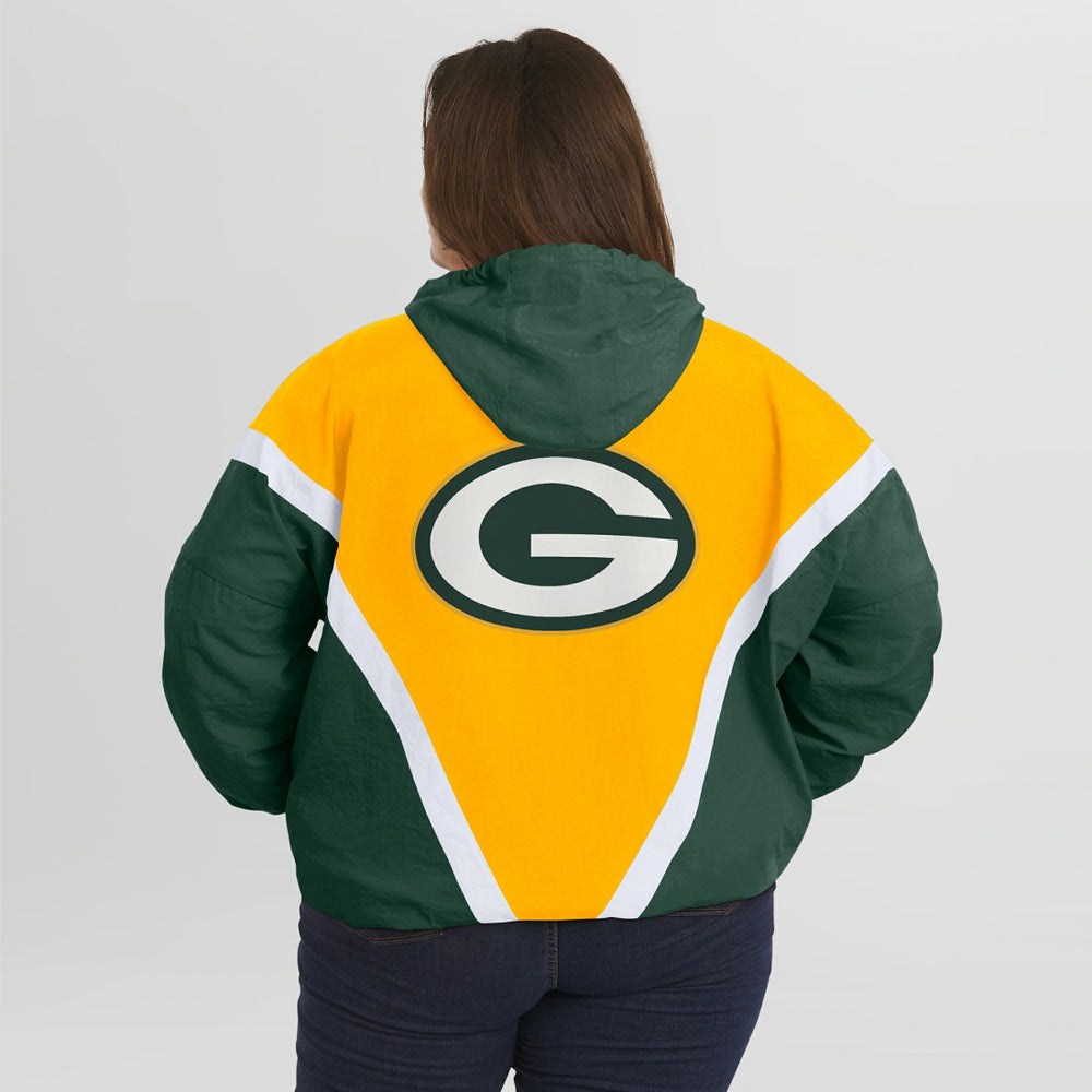 Green Bay Packers WEAR by Erin Andrews Women's Plus Size Retro Crinkle Full-Zip Hoodie Windbreaker Jacket Gold/Green