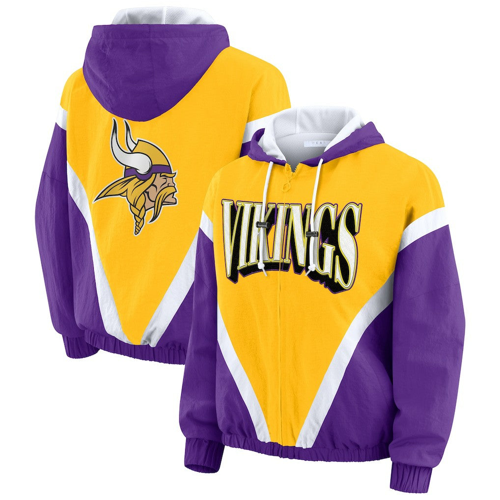 Minnesota Vikings WEAR by Erin Andrews Women's Plus Size Retro Crinkle Full-Zip Hoodie Windbreaker Jacket Gold/Purple