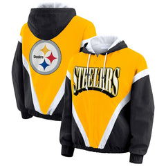 Pittsburgh Steelers WEAR by Erin Andrews Women's Plus Size Retro Crinkle Full-Zip Hoodie Windbreaker Jacket Gold/Black