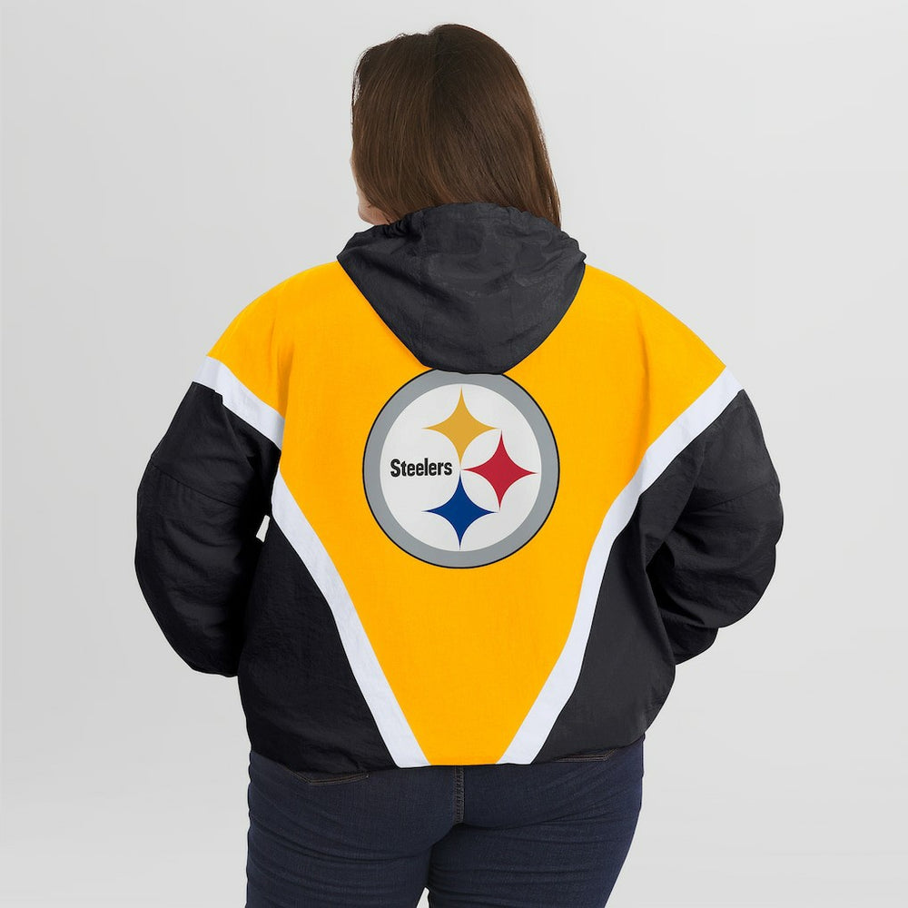 Pittsburgh Steelers WEAR by Erin Andrews Women's Plus Size Retro Crinkle Full-Zip Hoodie Windbreaker Jacket Gold/Black