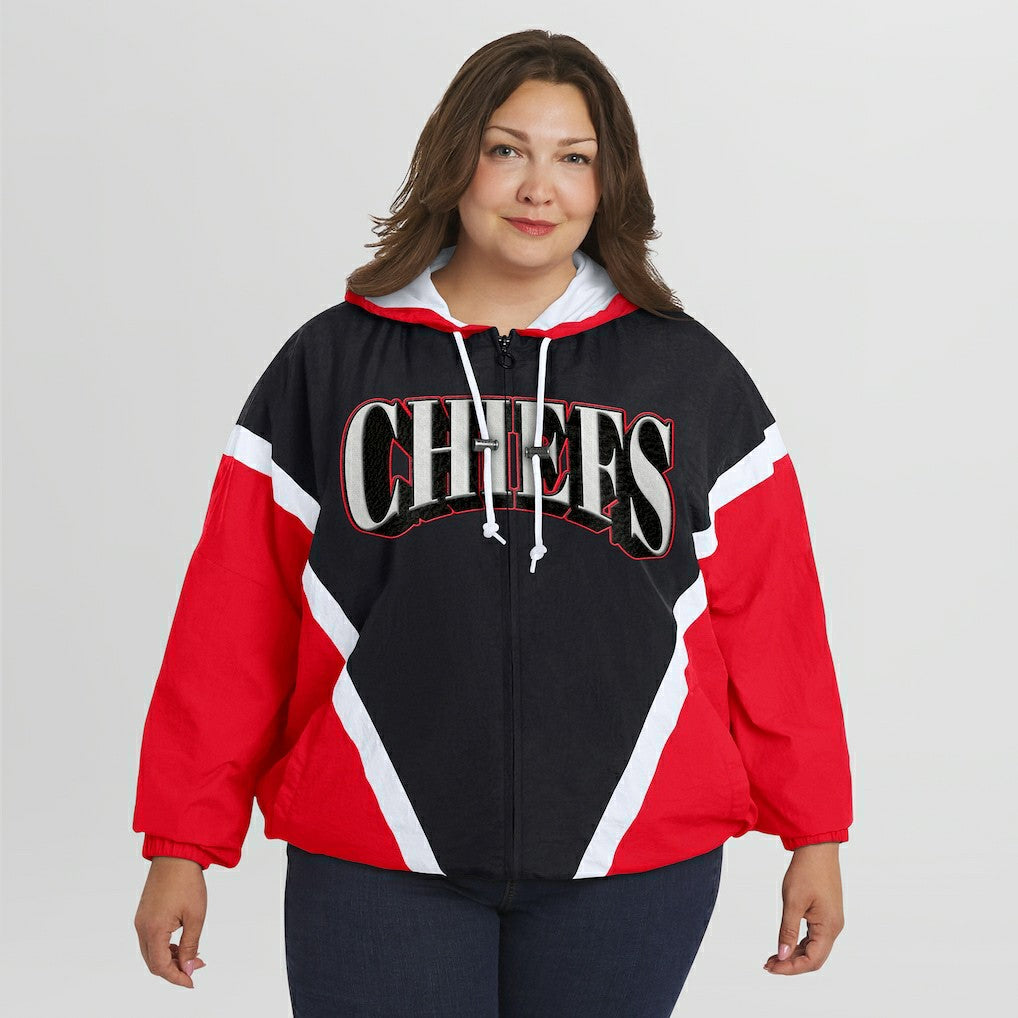 Kansas City Chiefs WEAR by Erin Andrews Women's Plus Size Retro Crinkle Full-Zip Hoodie Windbreaker Jacket Red/Black