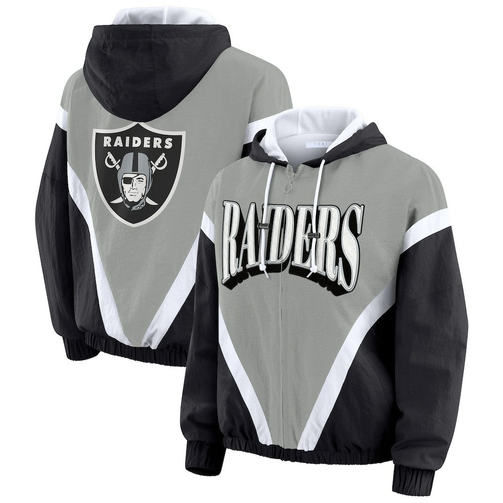 Las Vegas Raiders WEAR by Erin Andrews Women's Plus Size Retro Crinkle Full-Zip Hoodie Windbreaker Jacket Black/Gray