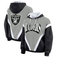 Las Vegas Raiders WEAR by Erin Andrews Women's Plus Size Retro Crinkle Full-Zip Hoodie Windbreaker Jacket Black/Gray
