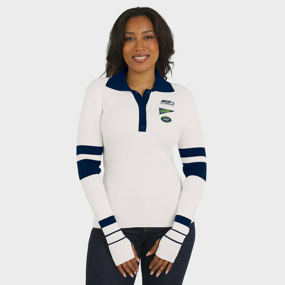 Seattle Seahawks WEAR by Erin Andrews Women's Ribbed Henley Polo Sweater White