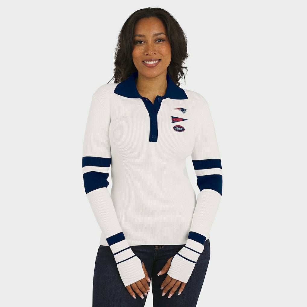 New England Patriots WEAR by Erin Andrews Women's Ribbed Henley Polo Sweater White
